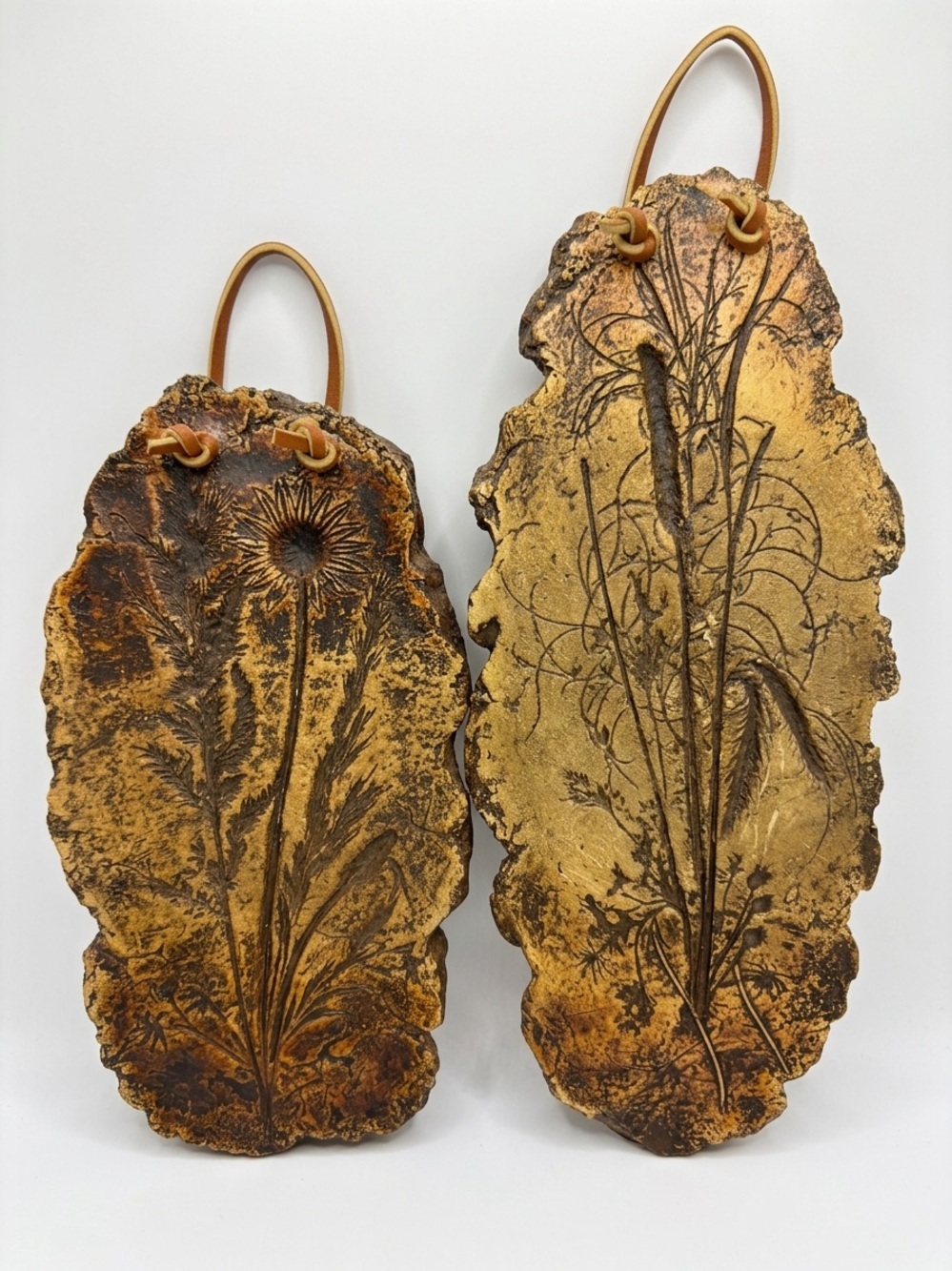 Set of 2 Vintage Style Botanical Embossed Faux Bark Wall Plaques Rustic Decor